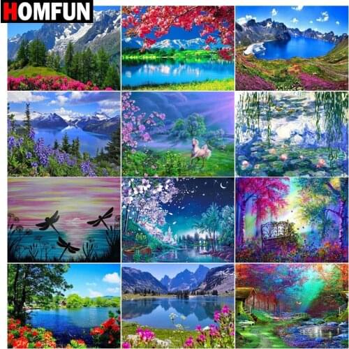 HOMFUN 5d Diamond Painting Full Square/Round "Tree lake mountain" Picture Of Rhinestone DIY Diamond Embroidery Home Decor