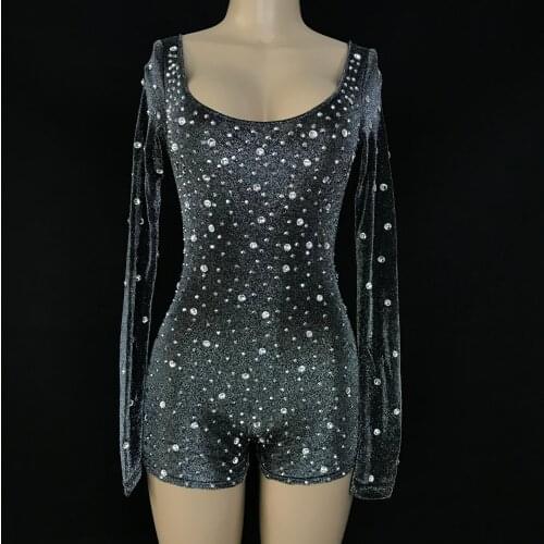 Bright Silver Rhinestones Black Spandex Bodysuit Female Singer Party Outfit Evening Birthday Celebrate Sexy Stones Leotard
