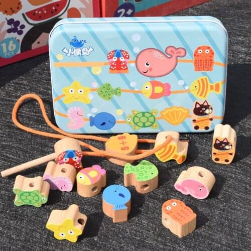Kids Wooden 3D Puzzles Montessori Materials Cartoon Pattern Stringing Beads Bricks Educational Toys For Children Teaching Aids