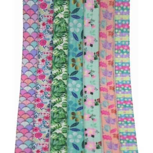 DHK 5/8'' 10yards flowers leaf fish scale printed Fold Elastic FOE stretch ribbon hairbow headwear headband DIY OEM B2001