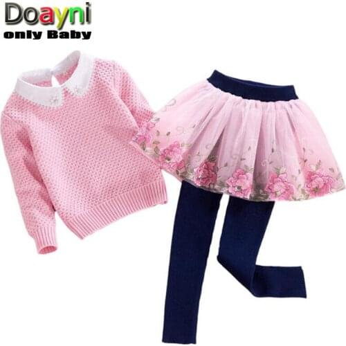 Doayni Baby Girls Clothing Sets 2pcs Up Turn-down Sweaters with Lace String Bead + Stereo Floral Lace Mesh Dress Pants Clothes