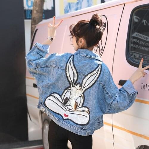 Cartoon Sequined Oversized Denim Jacket Bling Bling Loose Preppy Style Embroidered Short Coat Character Outfits 4 season