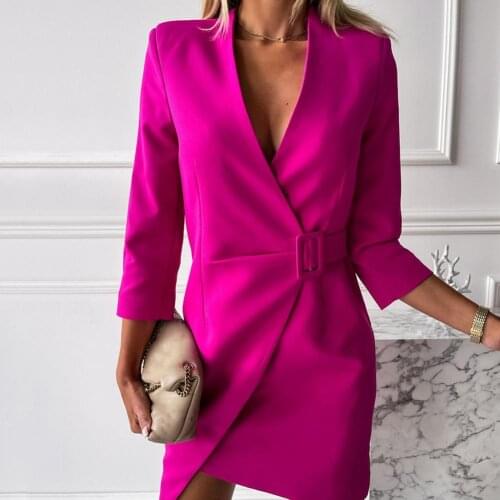 Women Stand Collar Rose Red Temperament Dress New Notched Long Sleeve Loose Fit Fashion Tide Spring Autumn 2021