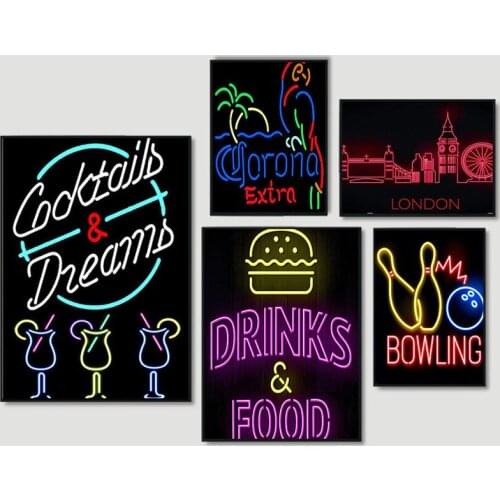 Fluorescent Bar Tin Sign Club Pub Vanvas Painting Plaque Colorful Cocktail Beer Bowling Metal Iron Plate Iron Paintin Home Decor