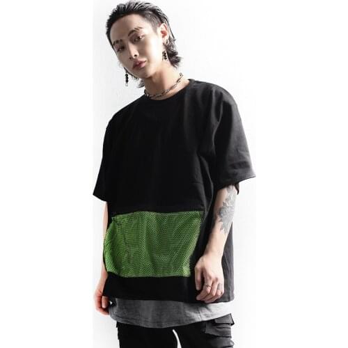 Summer trendy mens T-shirt thin mesh fluorescent bag short sleeve T-shirt cover alternative fashion loose Size Top
