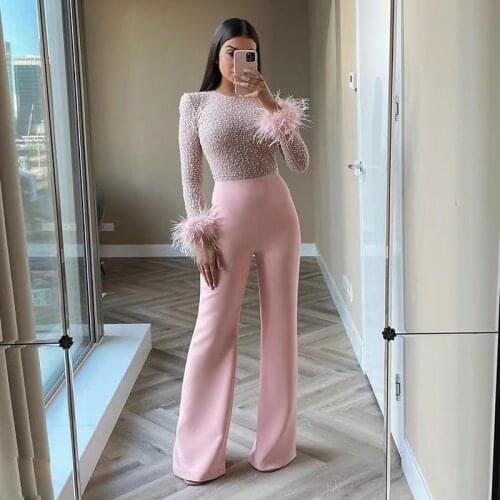 Pink Jumpsuit Prom Dresses Bead Top Feather Full Sleeve Outfit Special Occasion Gown Pants Evening Wears