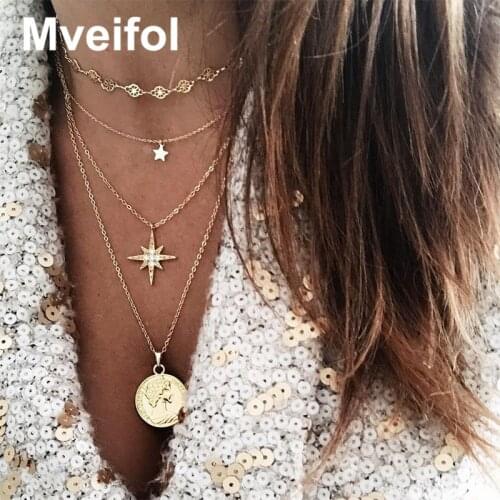 Mveifol Bohemian Multi Layered Star Choker Necklace for Women Vintage Cross Portrait Coin Pendant Necklace Statement Jewelry