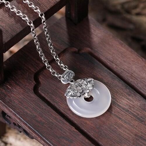 Eboli S925 Silver Necklace Agate Pendant temperament retro women national style natural chalcedony clavicle wholesale
