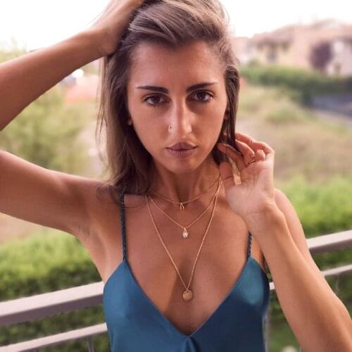 Trendy Simple Alloy Material Wishbone Rhinestone Crystal Round Circle Pendant Necklace Layered Jewelry Accessorries