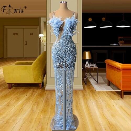 Luxury Lace Feather Mermaid Formal Evening Dresses 2021 Light Sky Blue Beaded Prom Gowns Dubai Floor Length Robes Formales
