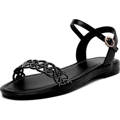 Fashion Genuine Leather Summer Flat Sandal for Women Open Toe Gladiator Sandals Genuine Leather Black Comfort Drop Ship
