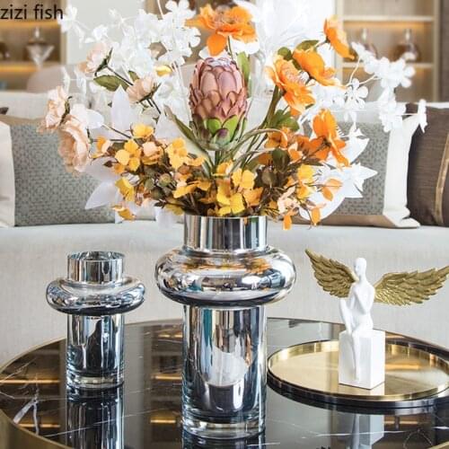 Glass Vases Plating Silver Craft Flower Pot Modern Decor Floral Arrangement Hydroponics Flowers Vase Living Room Decoration