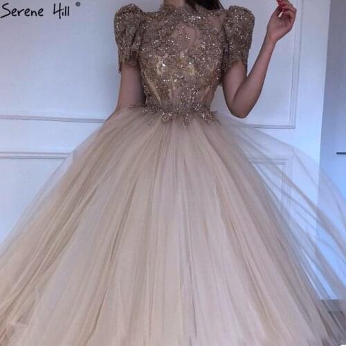 Serene Hill Ball Gown Gold Short Sleeves Evening Dress 2021 Beading Sequined High Neck Formal Party Gown Design CLA70528