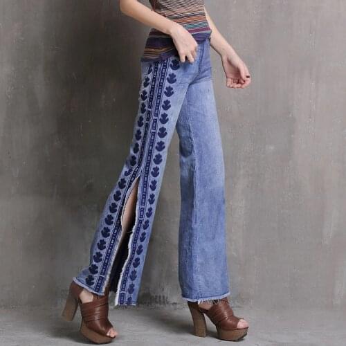 Vintage Embroidery Jeans Women Clothes Casual Wide Leg Pants Side Split Aesthetic Denim Trousers Female Cut Out Palazzo Harajuku