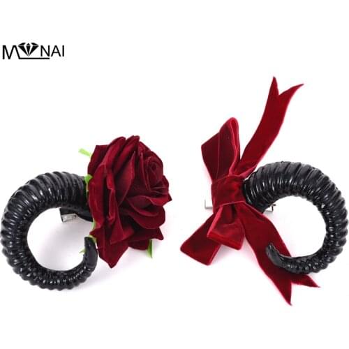 Retro Lolita Sheep Horns Hair Clips Rose Bowknot Headwear Hair Accessories Cos Antler Headwear Punk