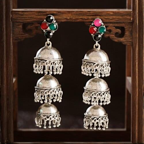 Womens Ethnic Retro Silver Color Bell Indian Jhumka Earrings Wedding Jewelry Classic Vintage Alloy Tassel Earrings Bijoux