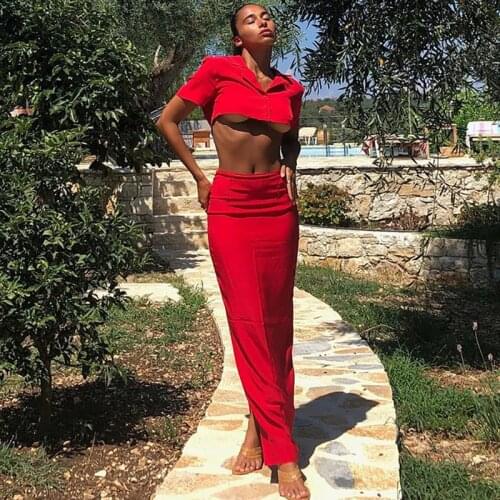 Tinastyle Two Piece Blazer Suit Womens Black Short Sleeve Crop Top And Long Skirts Outfits 2021 Autumn Lady Leisure Set Elegant