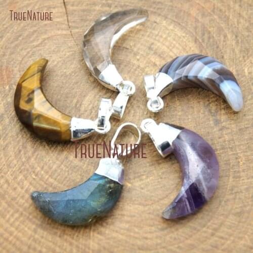 10Pcs Faceted Moon Pendant Botswana Agates, Tiger Eye, Dog Teeth Amethysts, Labradorite, Smokey Quartz Pendant 18x13mm PM14596