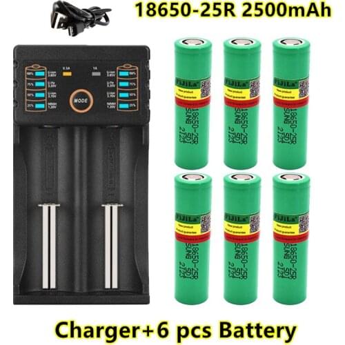 100% Original For Samsung 18650 2500mah battery INR18650 25R 20A discharge lithium batteries+ charger