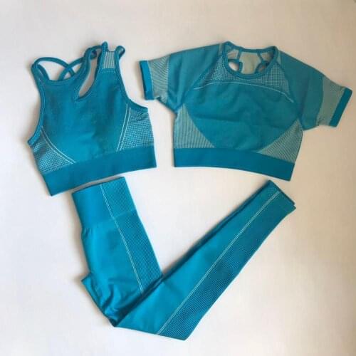 3 Pieces Seamless Yoga Set Women Short Sleeve Crop Tops + Fitness Sport Bra Sports Wear Gym Leggings Workout Clothing Sport Set