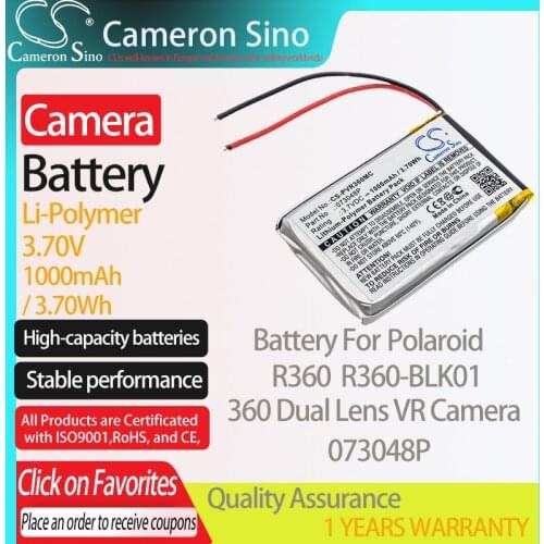 CameronSino Battery for Polaroid R360 R360-BLK01 360 Dual Lens VR Camera fits Polaroid 073048P Digital camera Batteries 1000mAh