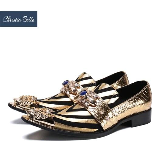 Christia Bella Luxury Gold Silver Metal Charm Party Men Real Leather Shoes Pointed Toe Formal Business Dress Shoes Male Footwear