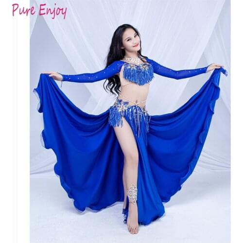 Children Girls Belly Dance Indian Oriental Dance Performance Costume 2019 New Pure Silk Satin Bra Long Skirt Set