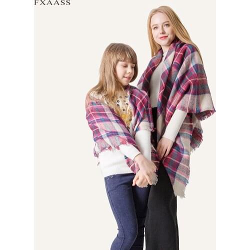FXAASS New Autumn/Winter Square Scarf for Ladies Parent Child 2pcs Shawl Fashion Women Plaid Cashmere Scarves Wholesale Pashmina