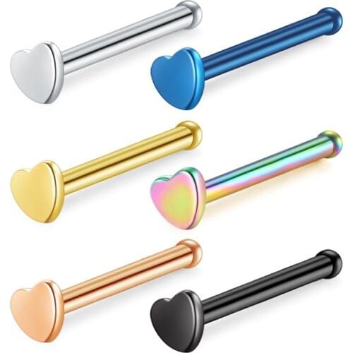 20 Gauge Nose Stud Rings Surgical Steel Nose Pin Bone Studs Heart Shape Top Flat Nose Piercing Body Jewelry