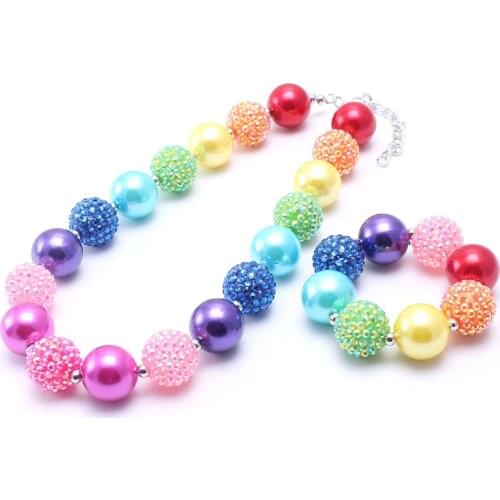 MHS.SUN 2Sets Rainbow Color Baby Kid Chunky Necklace Fashion Pretty Children Bubblegum Bead Chunky Necklace&Bracelet Jewelry Set