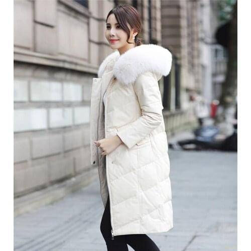 Leather Women 2020 Down Jacket Warm Winter Coat Female Faux Fox Fur Collar Hooded Womens Jackets Jaqueta Couro WXF283 's s