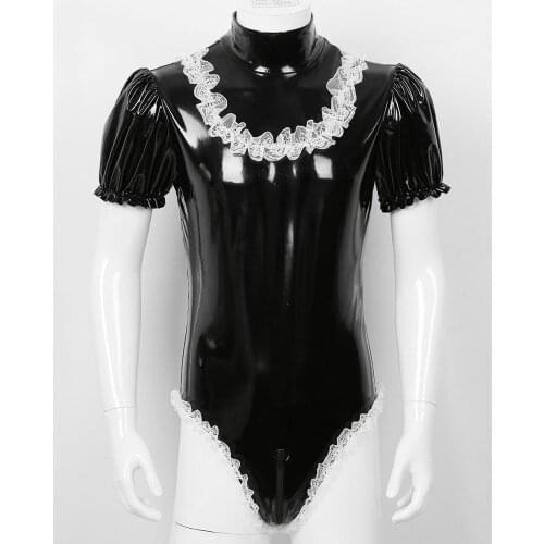 Men Adults Sissy Maid Dresses Role play Costume Wetlook Clubwear Latex Leather Puff Sleeve Leotard Bodysuit with Lace Headband