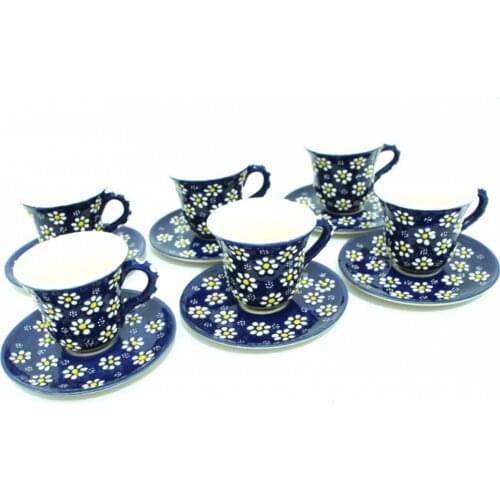 Handmade Tile Ceramic Daisy Patterned Coffee Cup Set - Navy Blue