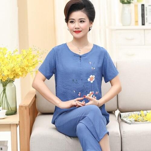 Plus Size 4XL Women Pajamas Set Sleepwear Summer Ladies Cotton Linen Short Sleeve Pyjamas Suit Casual Loose Nightwear Home Wear