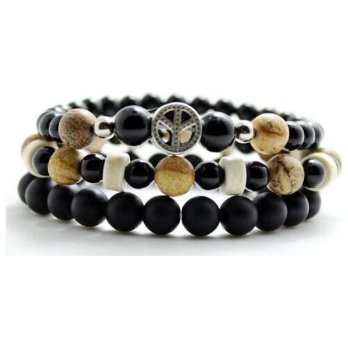 New peace pendant charm bracelet set fashion stacking black stone beads bracelets stretch jewelry