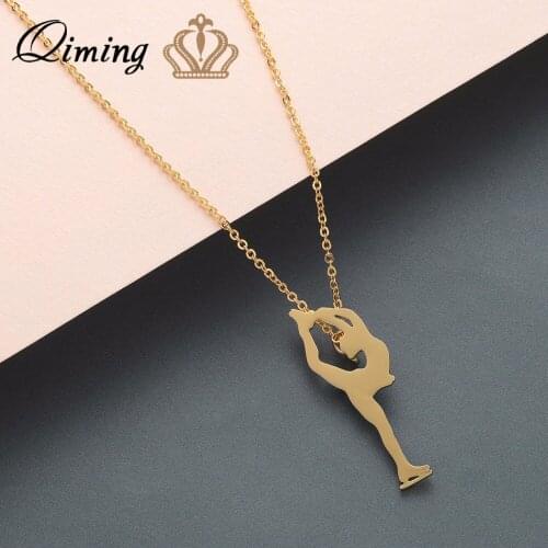 QIMING Figure Skater Ice Skating Necklace Rose Gold Pendant Woman Men Stainless Steel Jewelry Gift Boho Necklaces Party Gift
