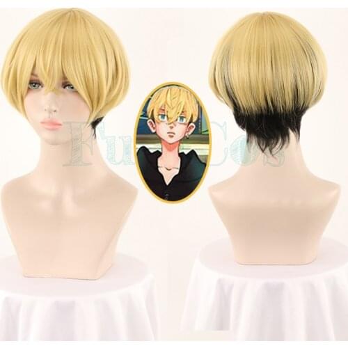Anime Tokyo Revengers Matsuno Chifuyu Cosplay Wig Golden and Black Short Hair Heat Synthetic Fiber Hair Free Wig Cap Woman Man
