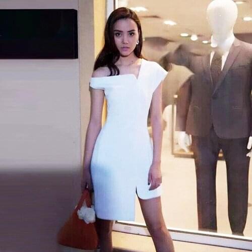 Beach Dress 2018 Hot Polyester Viscose Asymmetrical Womens New Dress Pure Color Shoulder Split End Irregular Temperament Woman