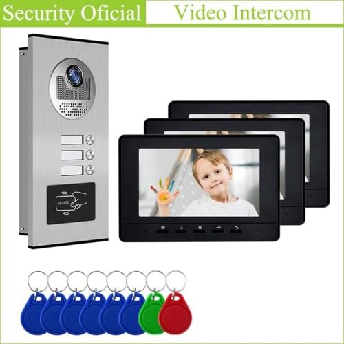 Wired Network Cable 7'' Video Intercom System doorbell Camera with Color Video Door Phone 3 Monitors for Multi- Apartments/ home