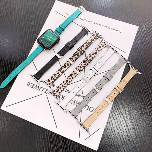 Slim Genuine Leather Strap for Apple Watch 44mm 40mm 42mm 38mm Band Women Leopard Wrist Bracelet for iWatch Series SE 6 5 4 3 2
