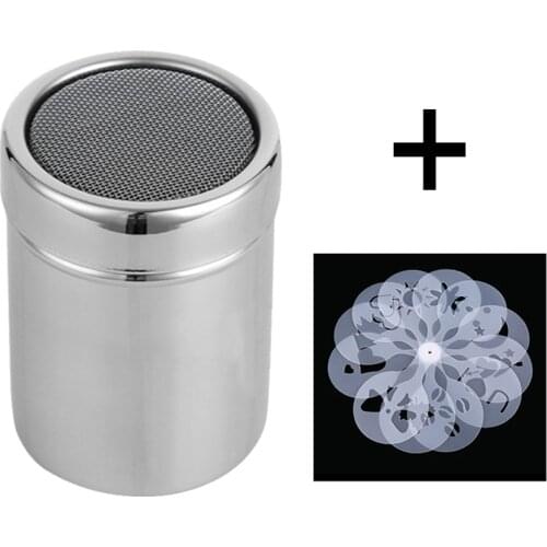 Chocolate Shaker Cocoa Flour Icing Sugar Powder Coffee Sifter+16Pcs Coffee Stencils Template Duster Spray Stainless Coffee Tools