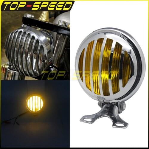 5inch Universal Motocycle Headlight Steel Grill Chrome Yellow Running Lamp For Harley Cafe Racer Chopper Bobber Sporster