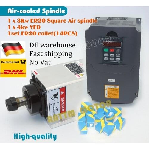 EU no vat High Quanlity Square CNC Air cooled spindle motor 3000W ER20 runout-off 0.01mm 4 bearing & 4kw VFD & ER20 collet
