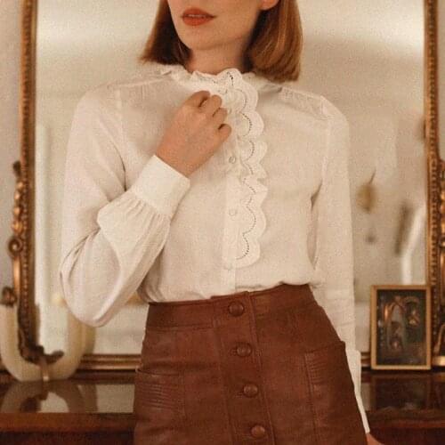 Ruffles V Neck Blouse Femme Patchwork Lace Lantern Sleeve Hollow Out Buttons Elegant Shirts Retro Mujer Woman Shirt Casual Tops