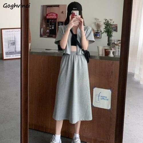 Women Sets Zipper Solid Short Sleeve T-shirt Elastic Waist Mid-calf Skirt Split Basic Stylish Korean Style Elegant Soft Females