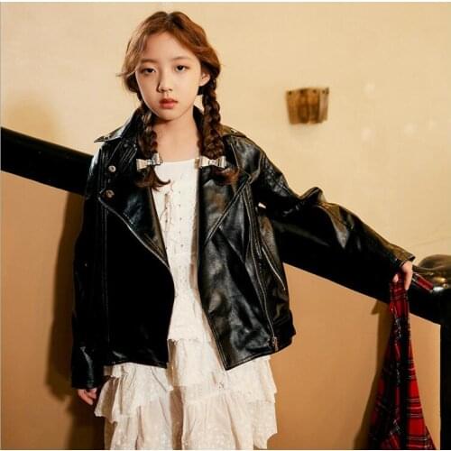 2021 Korean style girls leather coat fashion full sleeve good quality autumn girls coat 4-9t B829