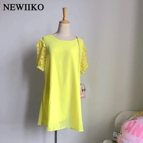 Fashion new women spring summer big size chiffon lace stitching short sleeve solid color mini lady casual dress