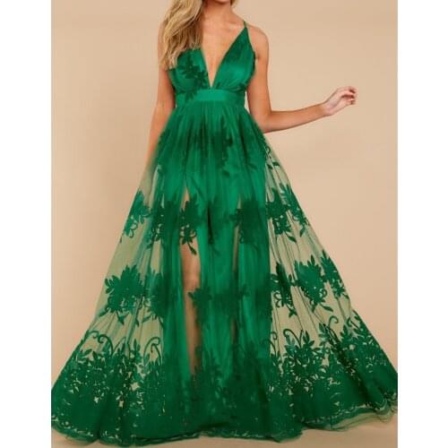 WEPBEL omen Deep V-neck Sexy Dress Hot Sell Backless Big Swing Dresses WSleeveless High Waist Mesh Embroidery Party Dress