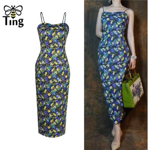 Tingfly Vintage Monet Painting Print Luxury Party Dresses Women Elegant Strap Sleeveless Midi Long Dress Summer Vestidos Moda