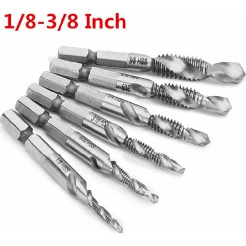 6Pcs 1/8-3/8 Inch BSW Screw Tap Drill Bits Thread HSS Combination Taps Countersink Deburr Set 1/4 Inch Quick Change Hex